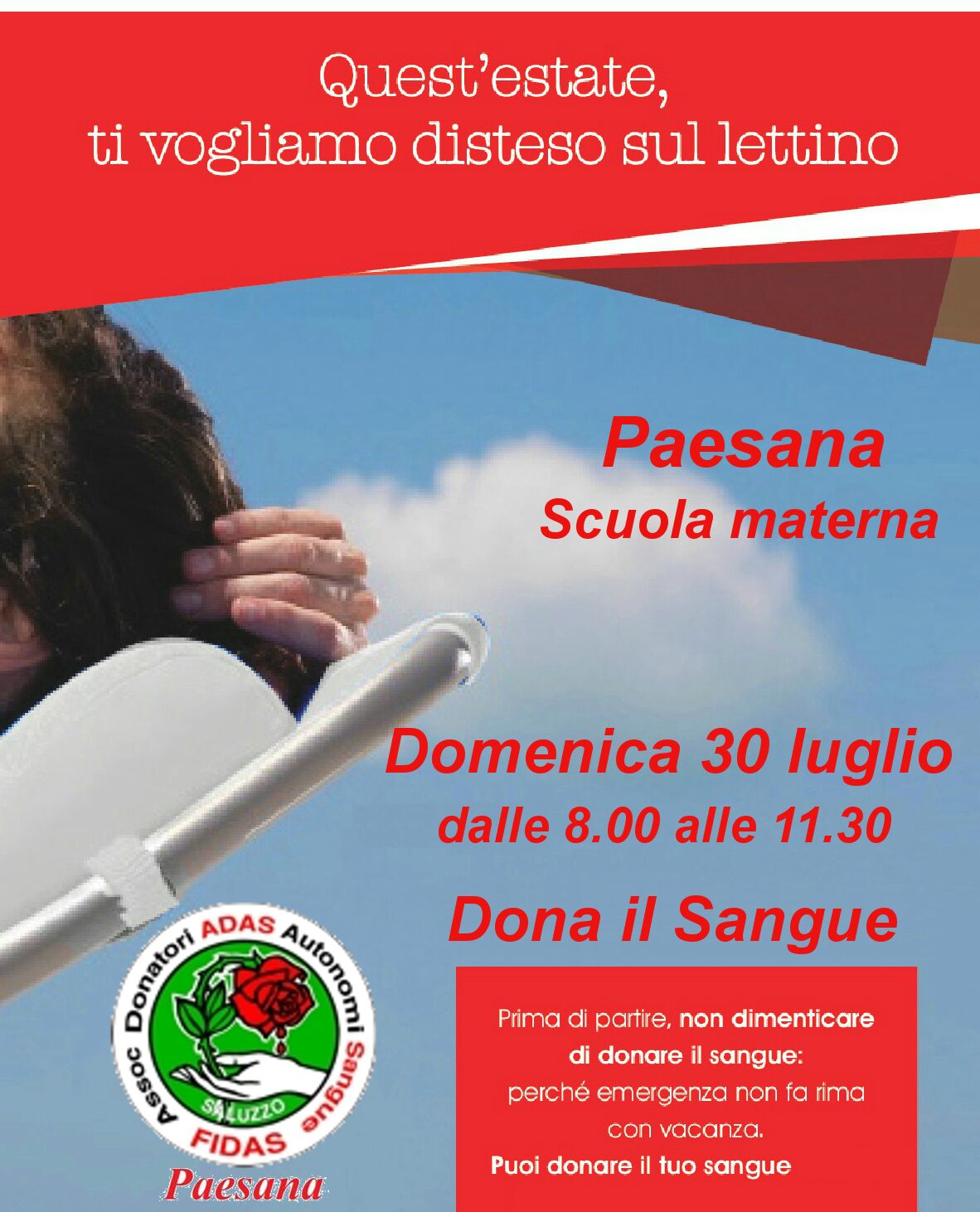 PAESANA, DOMENICA 30 LUGLIO Donazioni di sangue ADAS-FIDAS