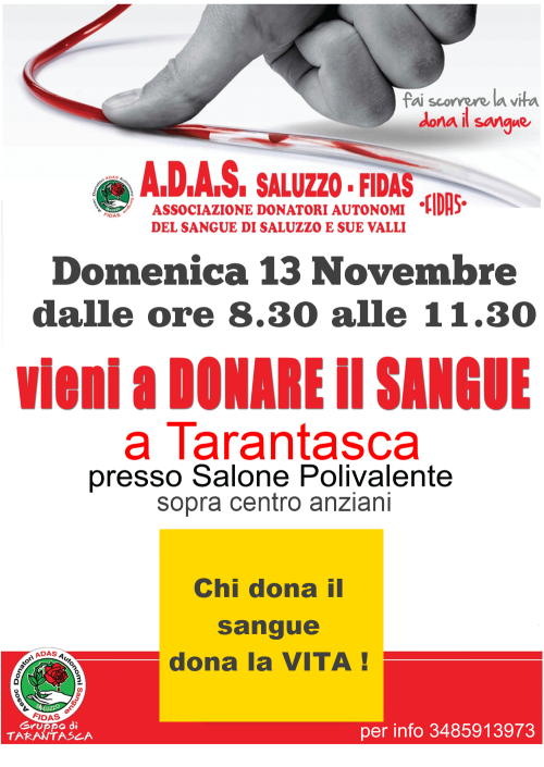 Donazione sangue TARANTASCA - Domenica 13 Nov