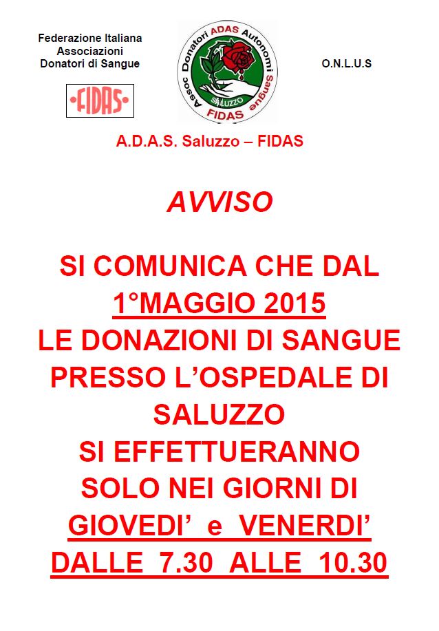 Variazione Orario donazioni Ospedale Saluzzo